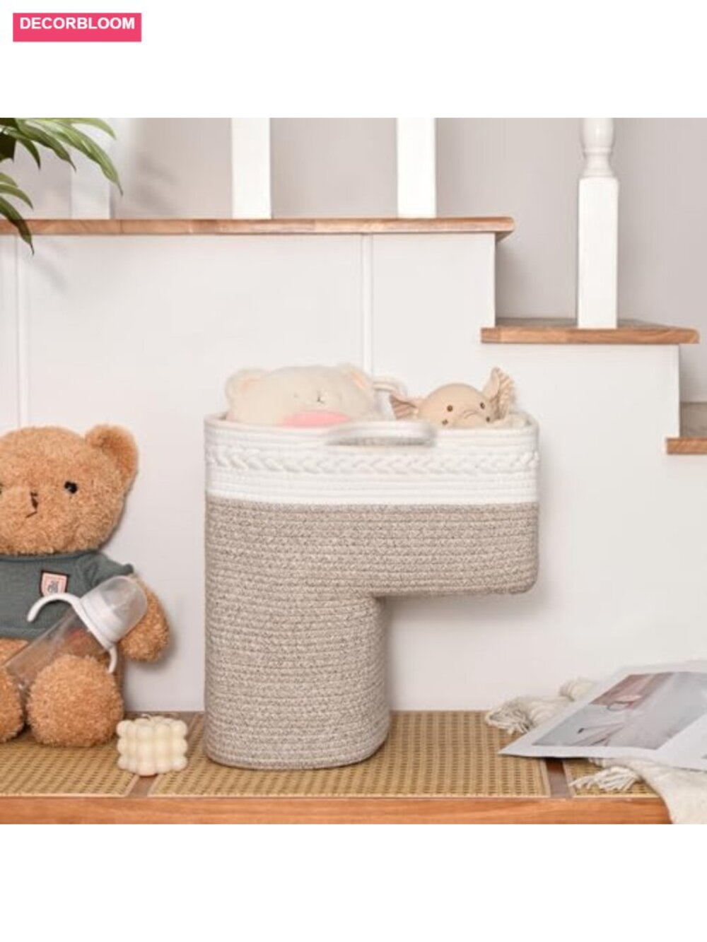 Cotton Woven Stair Basket with Handles, Large Toy Storage for Stairs, Foldable, - Picture 3 of 6